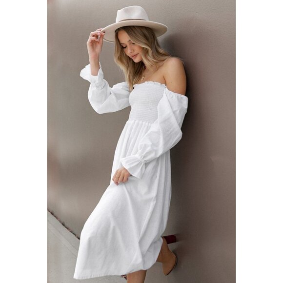 PETAL & UP Domenica Shirred Long Sleeve Midi Dress Size S White NWOT Linen Blend - Picture 1 of 10